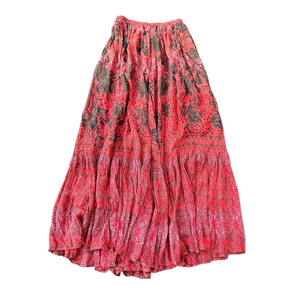Free People Maxi Skirt Womens 2 Red Black Floral Tiered Whimsigoth Gauze Sheer